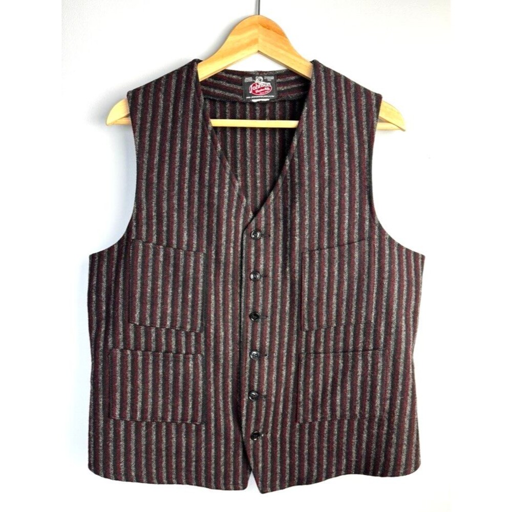 Johnson Woolen Mills Grey Black Burgundy Stripe Work Utility  Farmcore Vest M